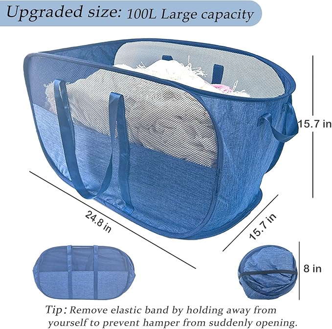 100L Collapsible Laundry Baskets 2 Pack, Extra Large Mesh Pop Up Laundry Hamper