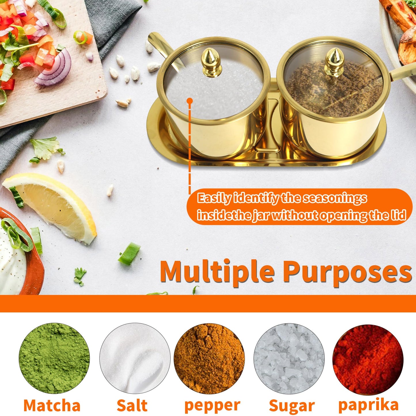 ACOSIY 2 Pack Gold Stainless Steel Sugar Bowl with Lid and Spoon, 10.5oz Small Sugar Container for Coffee Bar, Drum Shape Sugar Cube Holder, Spice Jars for Countertop, Kitchen Ghee Container (2)