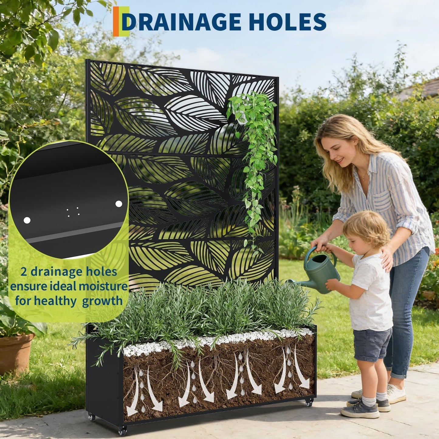 GarveeLife Metal Planter Box with Trellis and Wheels, 71"x47"x16" Raised Garden Bed for Climbing Plants, Vegetables, Vines, Privacy Planters for Patio with Drainage Holes, 15.7" Deep Planting Bed