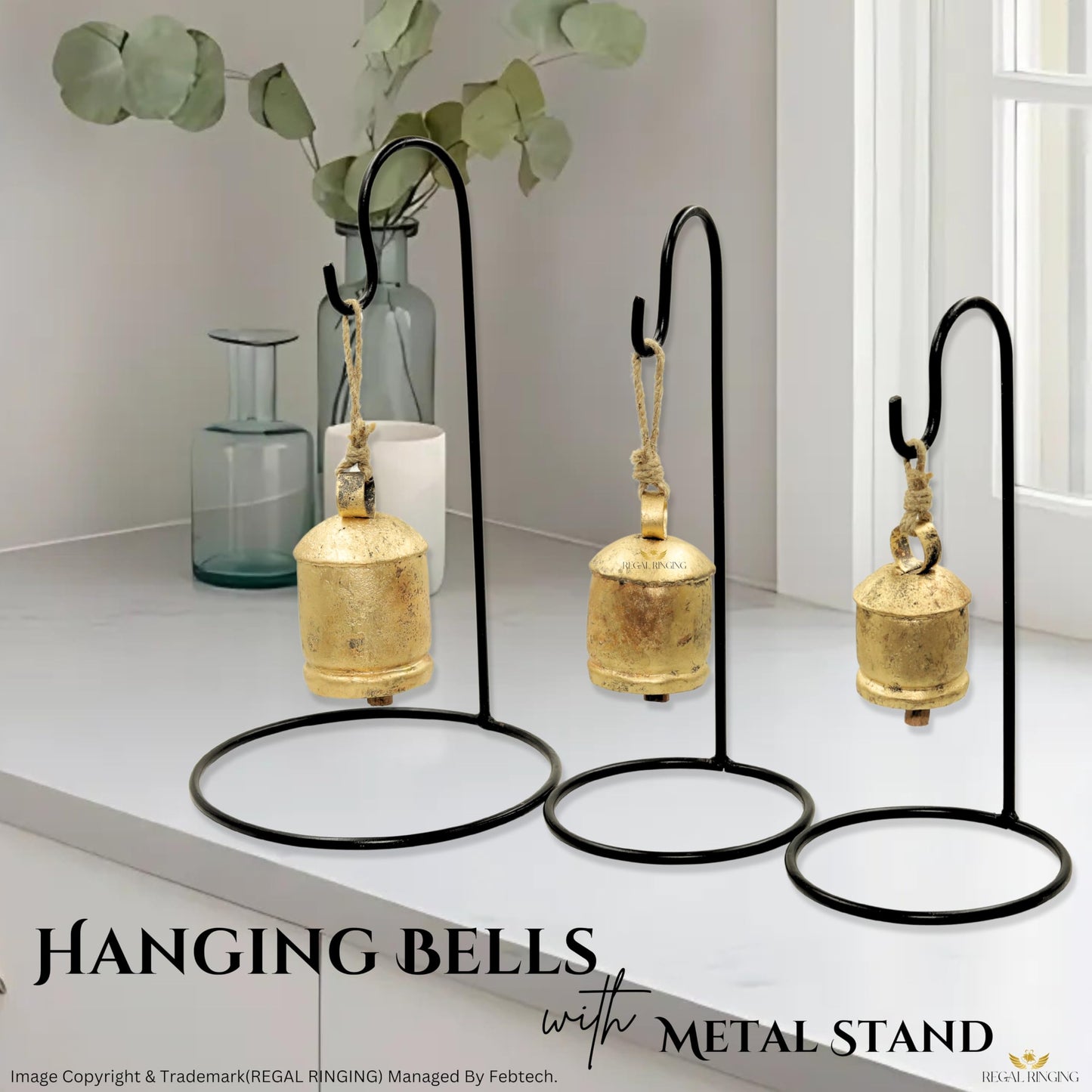 Pack of 3 Golden Bells with Metal Stand in Black Colour in Single Pack, Harmony Cow Bells Christmas Hanging XL Bells On Rope (3, Round)