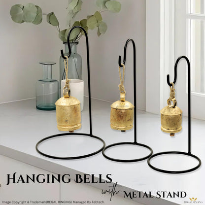 Pack of 3 Golden Bells with Metal Stand in Black Colour in Single Pack, Harmony Cow Bells Christmas Hanging XL Bells On Rope (3, Round)
