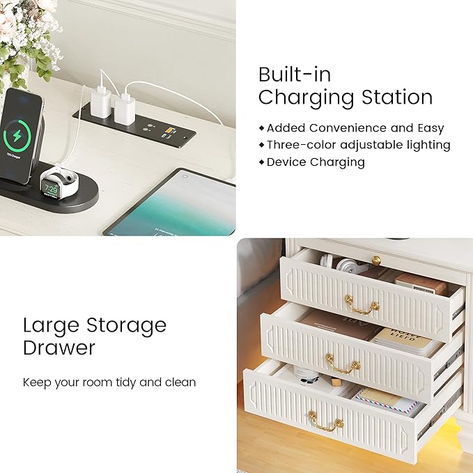 25.6'' Wide Bedside Table with 3 Drawers & Pull-out Tray, Smart Night Stand
