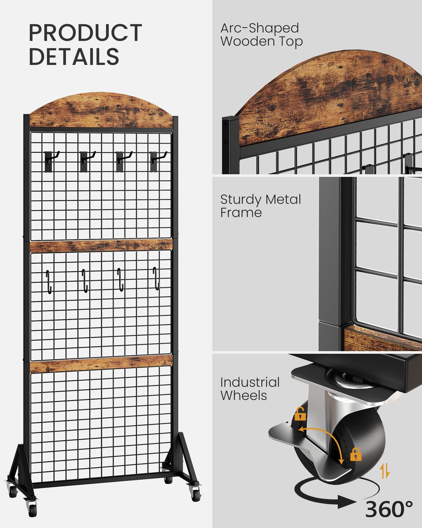 CHOEZON Grid Wall Panel 5.7' x 2' FT Grid Display Rack, 2 Pack Movable Gridwall Display Stand with 8 S-Shaped Hooks and 8 Garment Hooks, Floorstanding Wire Grid Rack, Rustic Brown and Black TCJ17P2BF