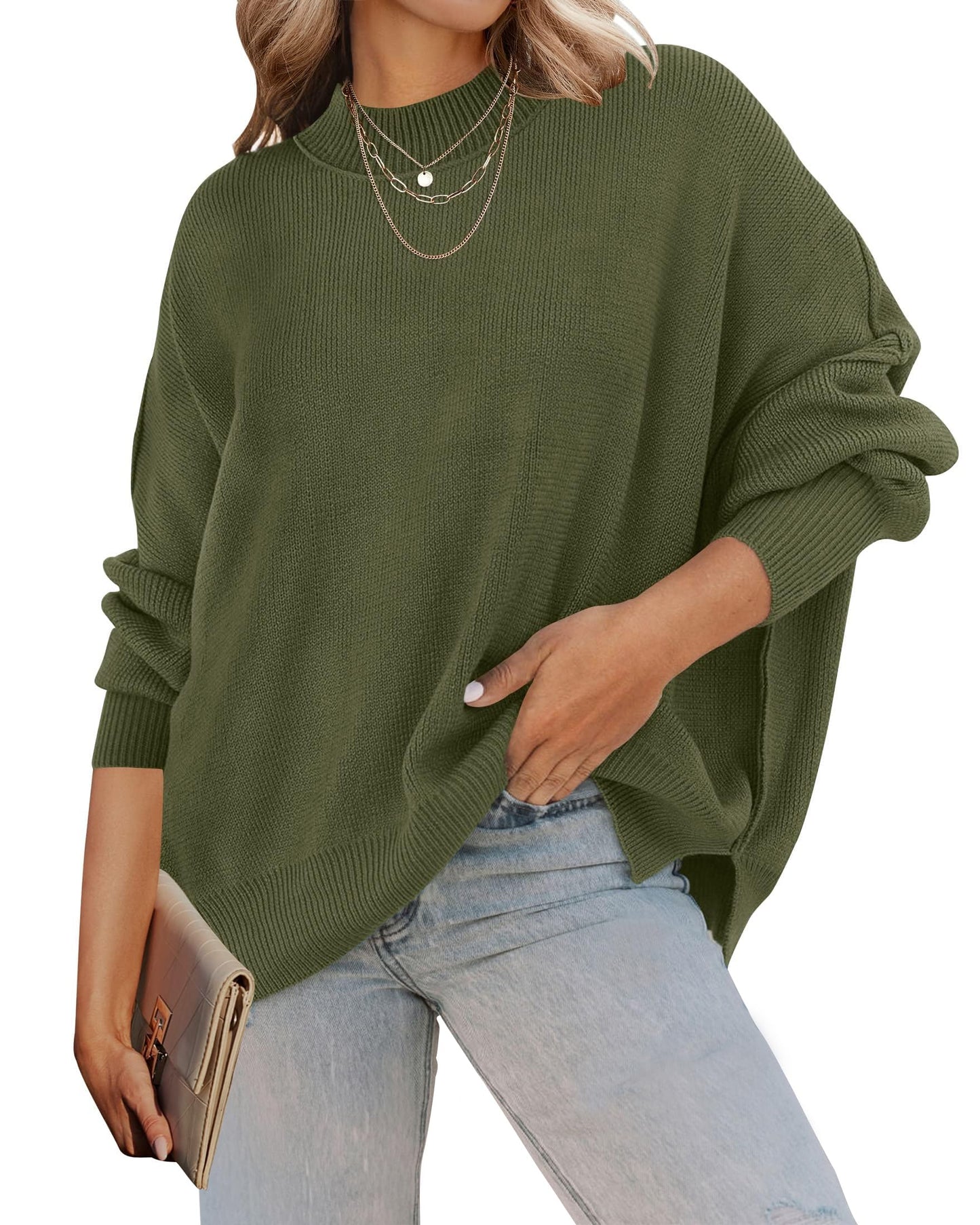 ZESICA Women's Fall 2025 Casual Long Sleeve Crew Neck Side Slit Oversized Ribbed Knit Pullover Sweater Tops