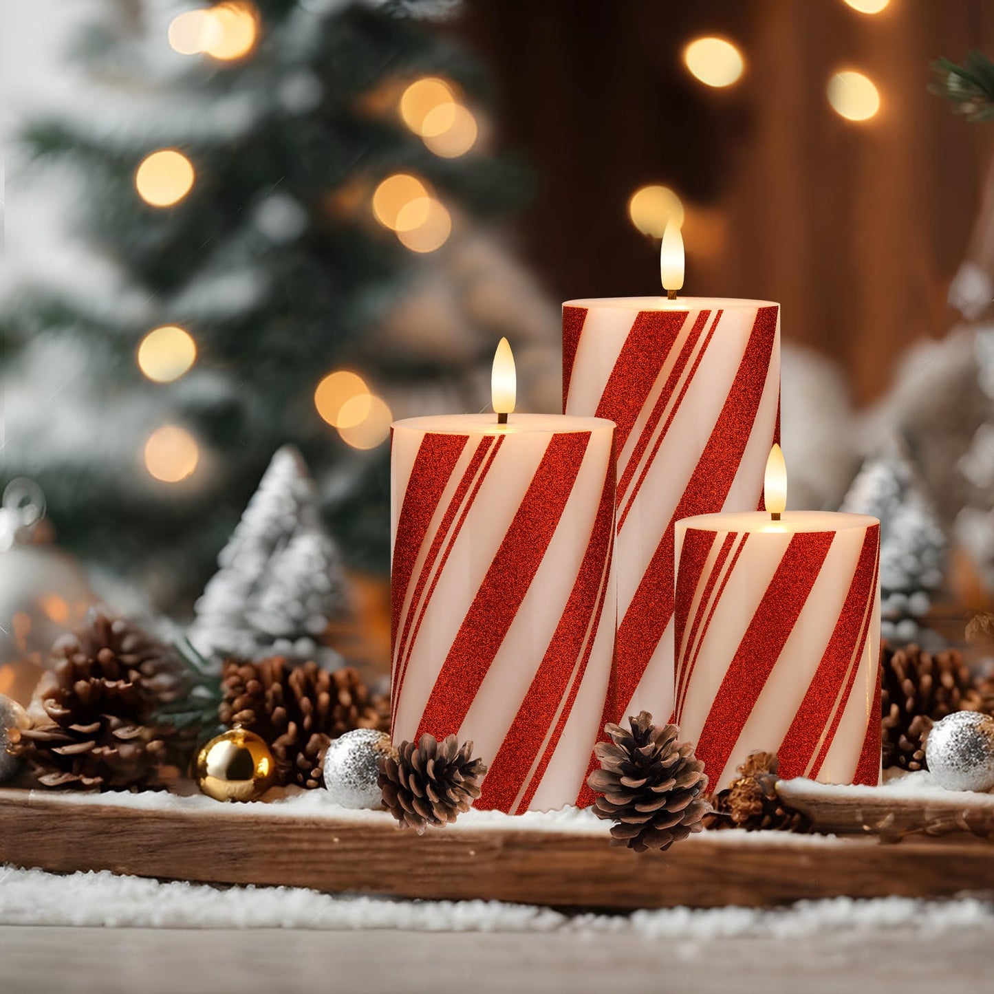 AFINETH Flameless Pillar Candles with Remote, Battery Operated Red Candy Cane Candles Real Wax, Flat Top Flickering Christmas LED Candle Decorations for Xmas, Home, Party Decor, Set of 3