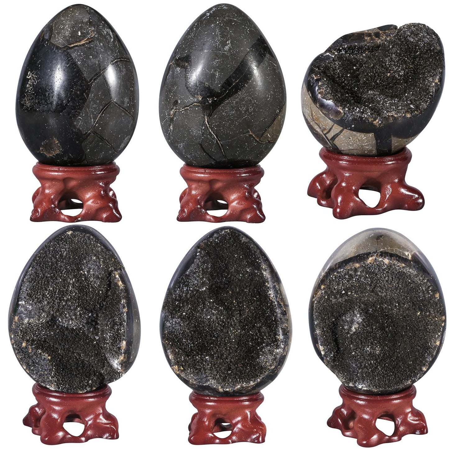 TUMBEELLUWA 75-95 mm Black Crystal Egg with Display Stand, Natural Septarian Dragon Stone Crystal Geode Cluster Gemstone Eggs Figurine Collectibles for Home Table Decor