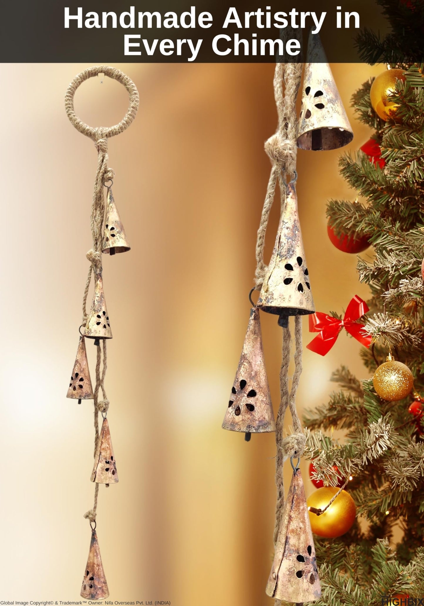HIGHBIX Shabby Chic Hanging Bells Cluster – Rustic Handmade Metal Bell Décor for Wall, Door, Garden, or Festive Decoration (1, Flower Cut Cone)