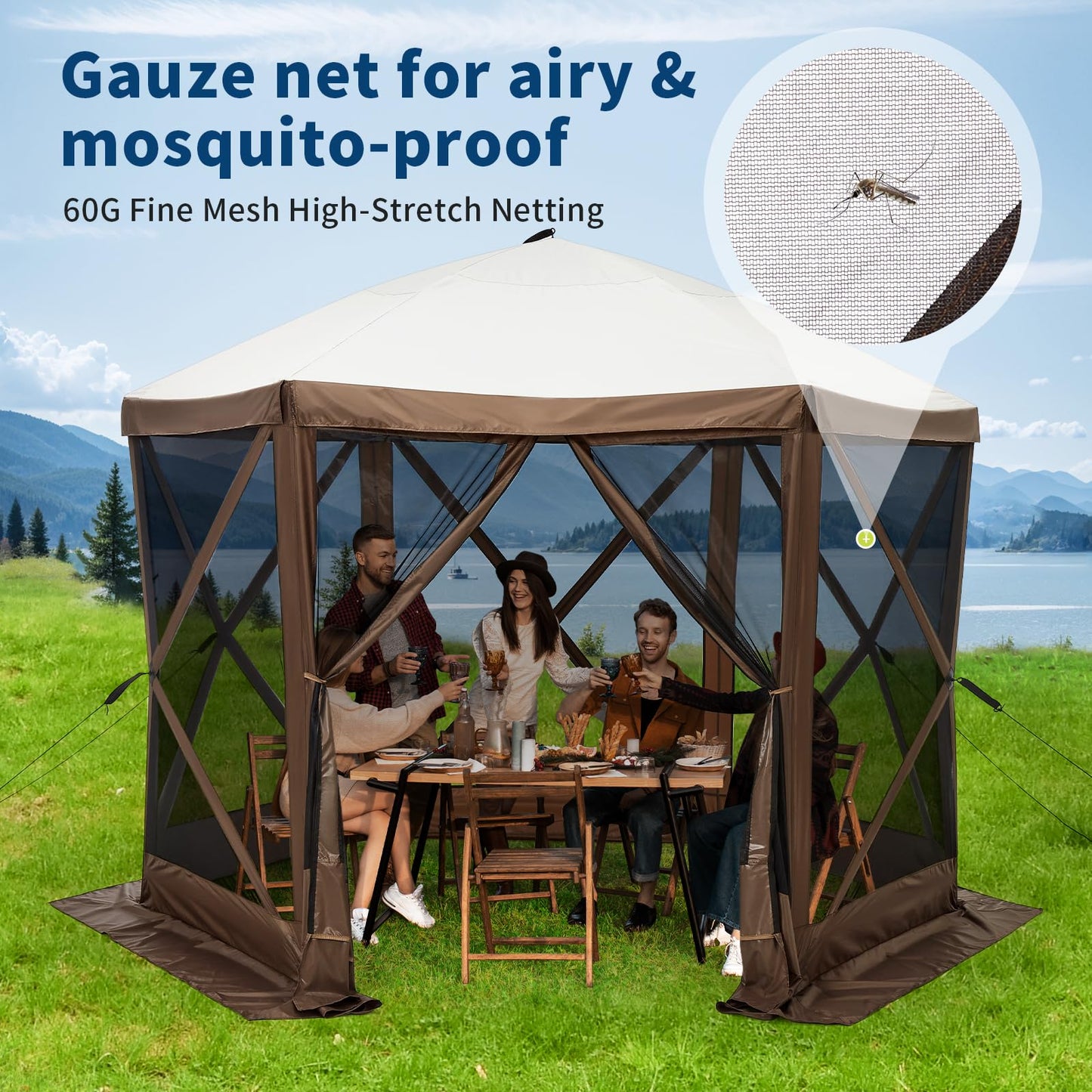 Hipicute 10x10ft Pop Up Gazebo Screen Tent with Mosquito Netting, 6 Sided Pop-Up Canopy Shelter Tent with Carrying Bag and Ground Stakes for Outdoor Camping, Lawn and Backyard