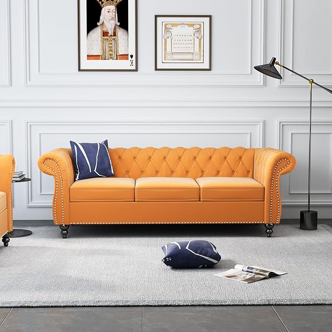 ORRD 2 Piece Living Room Set, Velvet Chesterfield Sofa Couch Chair