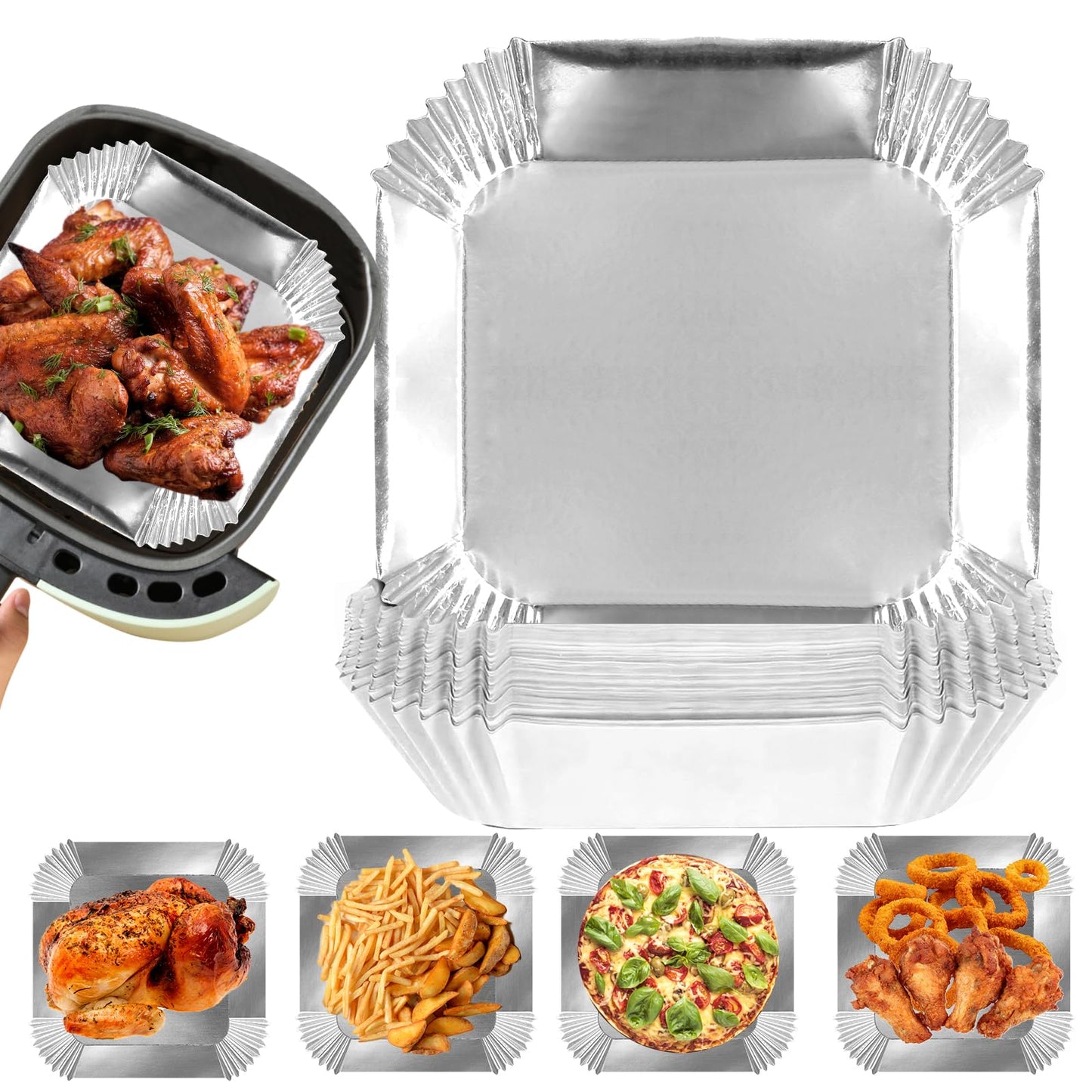 100 PCS Aluminum Foil Air Fryer Liners, Non-stick Air Fryer Disposable Paper Liner, Oil-proof Water-proof Sheets, Food Grade Aluminum Foil for Baking, Frying, Grilling, Roasting Microwave