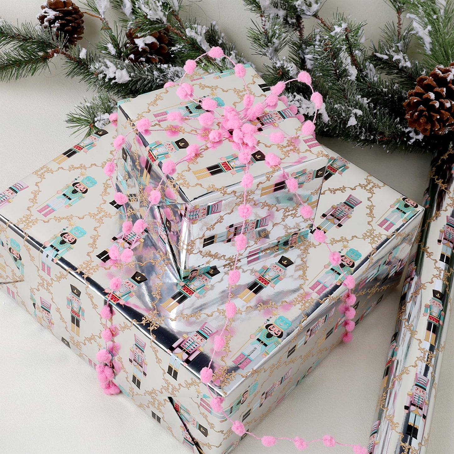 LaRibbons Christmas Foil Wrapping Paper Jumbo Roll, Nutcracker Gift Wrap for Christmas, Holiday, Xmas Party Celebration, 30 Inch × 33 Feet