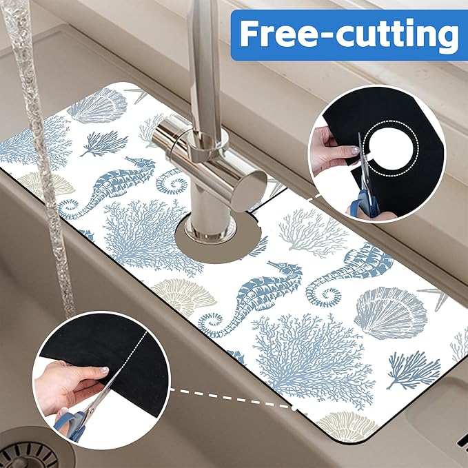 Marine Seashell Seahorse Coral Kitchen Sink Splash Guard Mat Absorbent Fast
