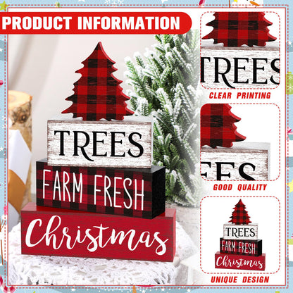 Marsui 4 Pcs Christmas Wooden Tabletop Decor Neutral Christmas Decor Rustic xmas Tree Block Sign Buffalo Plaid Table Centerpiece for Home Office Desk Tiered Tray Farmhouse Decorations