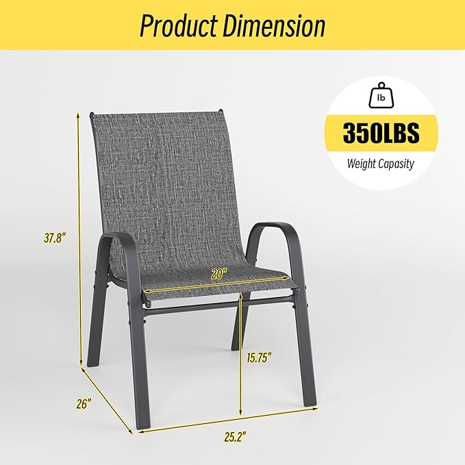 Betterhood Patio Chairs Set of 2, Stackable Outdoor Dining Chairs Set with Breathable Seat Fabric, All-Weather Powder-Coated Metal Frame for Deck, Pool Side and Backyard, 350LBS Capacity (Grey)