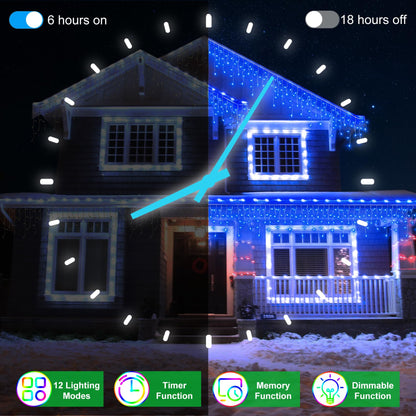 WUXYIYANG 50FT 504 LED Outdoor Christmas Lights - 112 Ice Drops, 12 Pro Modes with Timer Memory & Brightness, Waterproof Hanging Ice String Light for Holiday Wedding Garden Fence House Decor (Blue)