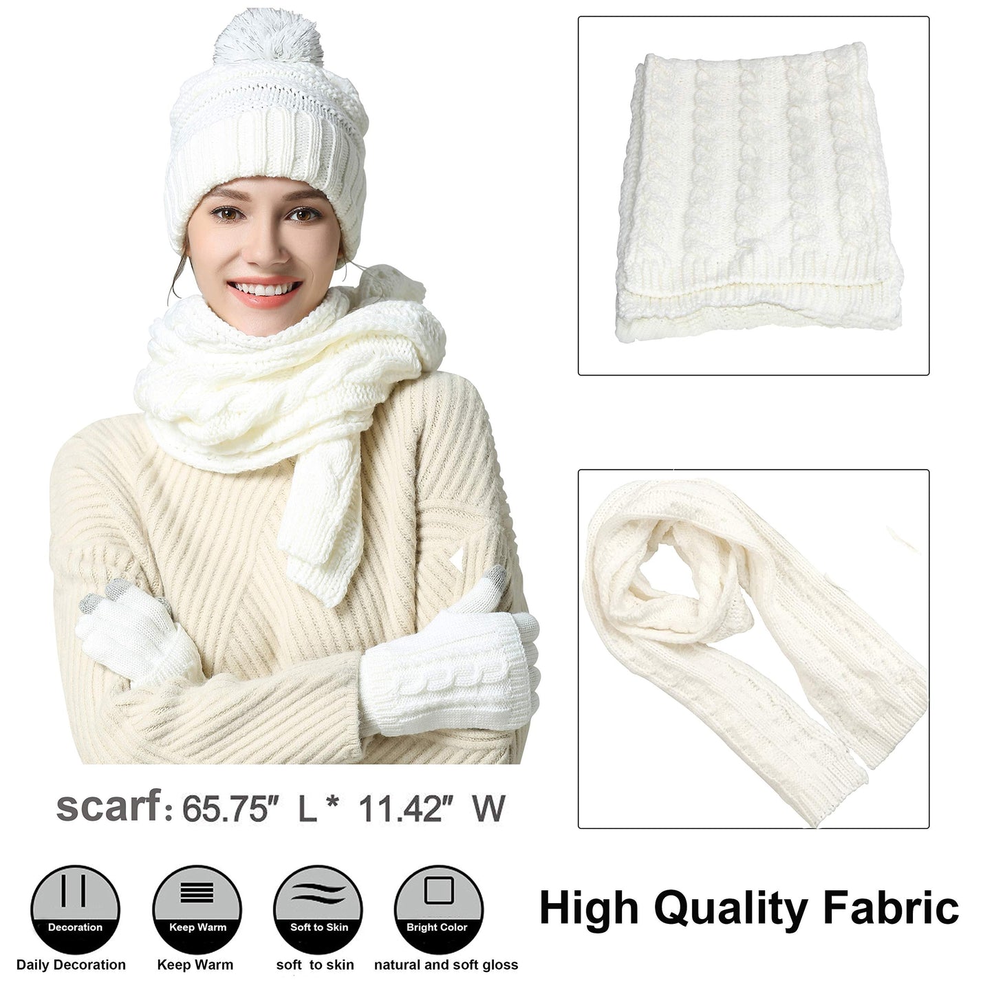 Winter Hat Gloves Scarf Set for Women, Cable Knit Beanie Pom Cap Touch Screen Glove Long Scarf 3PCS Winter Gift for Women Men
