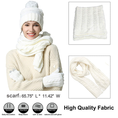 Winter Hat Gloves Scarf Set for Women, Cable Knit Beanie Pom Cap Touch Screen Glove Long Scarf 3PCS Winter Gift for Women Men