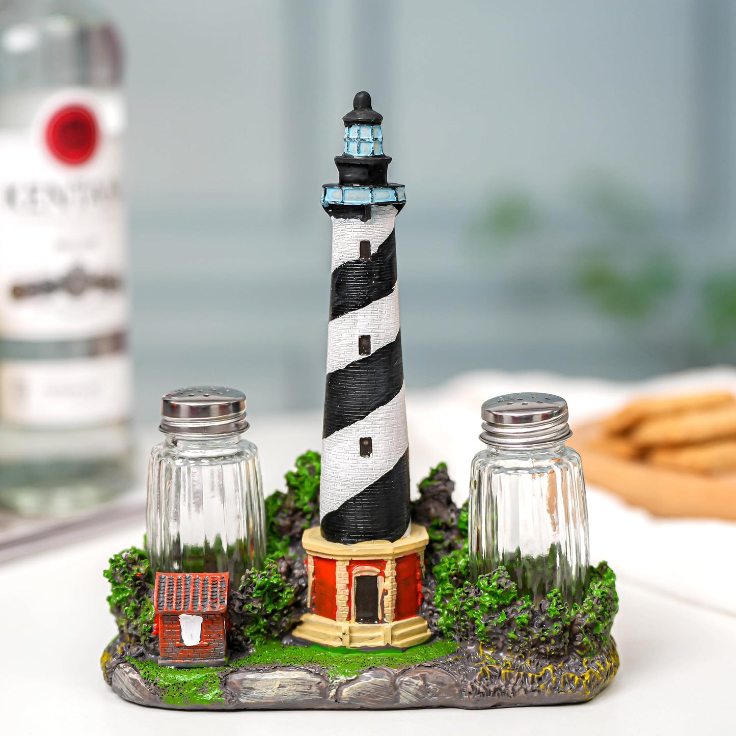 Coastal Lighthouse Salt and Pepper Shaker Set - Bodie Island Lighthouse Decor with Glass Seasoning Bottles, Nautical Kitchen Decor for Beach House, Coastal Themed Accessories and Table Centerpiece