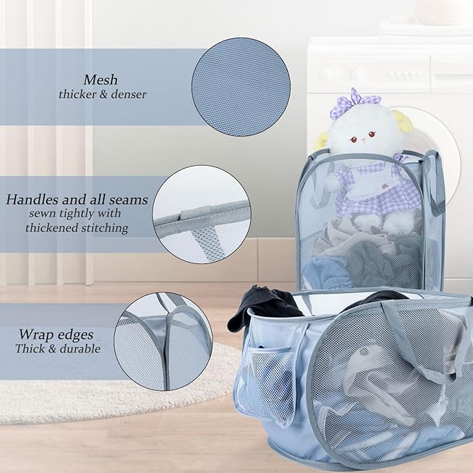 Extra Large Mesh Pop Up Laundry Hamper 2 Pack, 100L Foldable Laundry Baskets