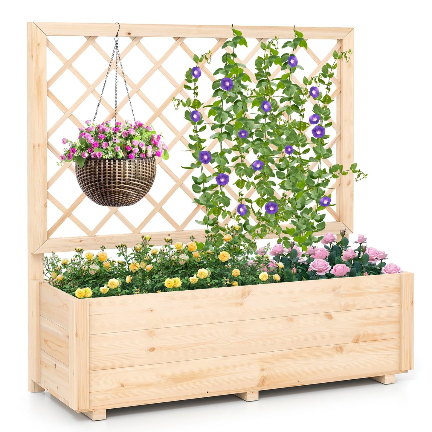 Giantex Raised Garden Bed with Trellis, Drainage Hole, Wood Elevated Planter Box for Climbing Vine Flower Herb Vegetable Fruit, Planting Container for Indoor Outdoor Patio Balcony (39”x14”x40”)