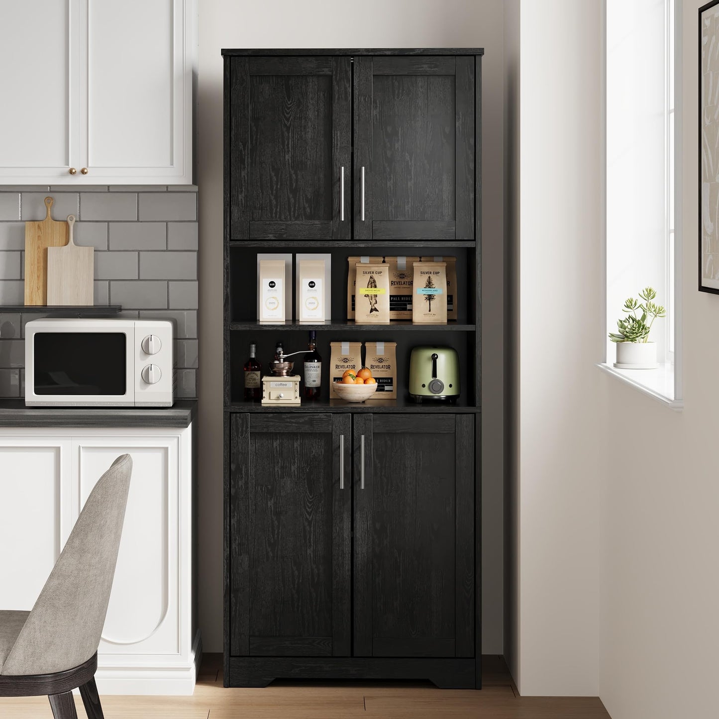 GarveeHome 72'' Tall Kitchen Pantry Cabinet, Freestanding Storage Cabinet with Doors and Shelves, Wooden Food Pantry Farmhouse Cupboard Buffet for Kitchen Dining Living Room, Black