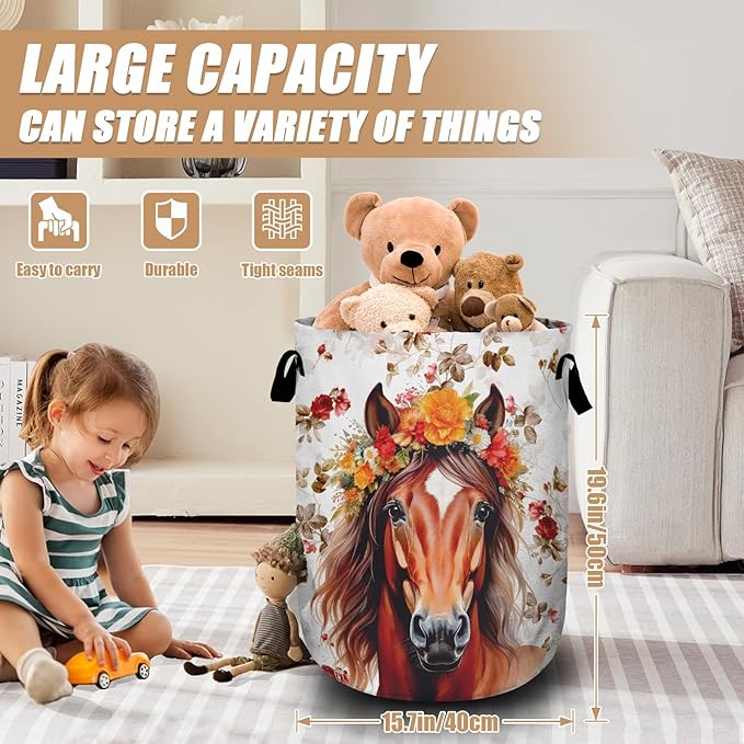 Watercolor Horse Laundry Basket, Foldable Waterproof Animals Floral Laundry