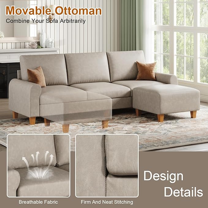 EASE MOOSE Large Seat Faux Leather L Shaped Sofa, Waterproof and