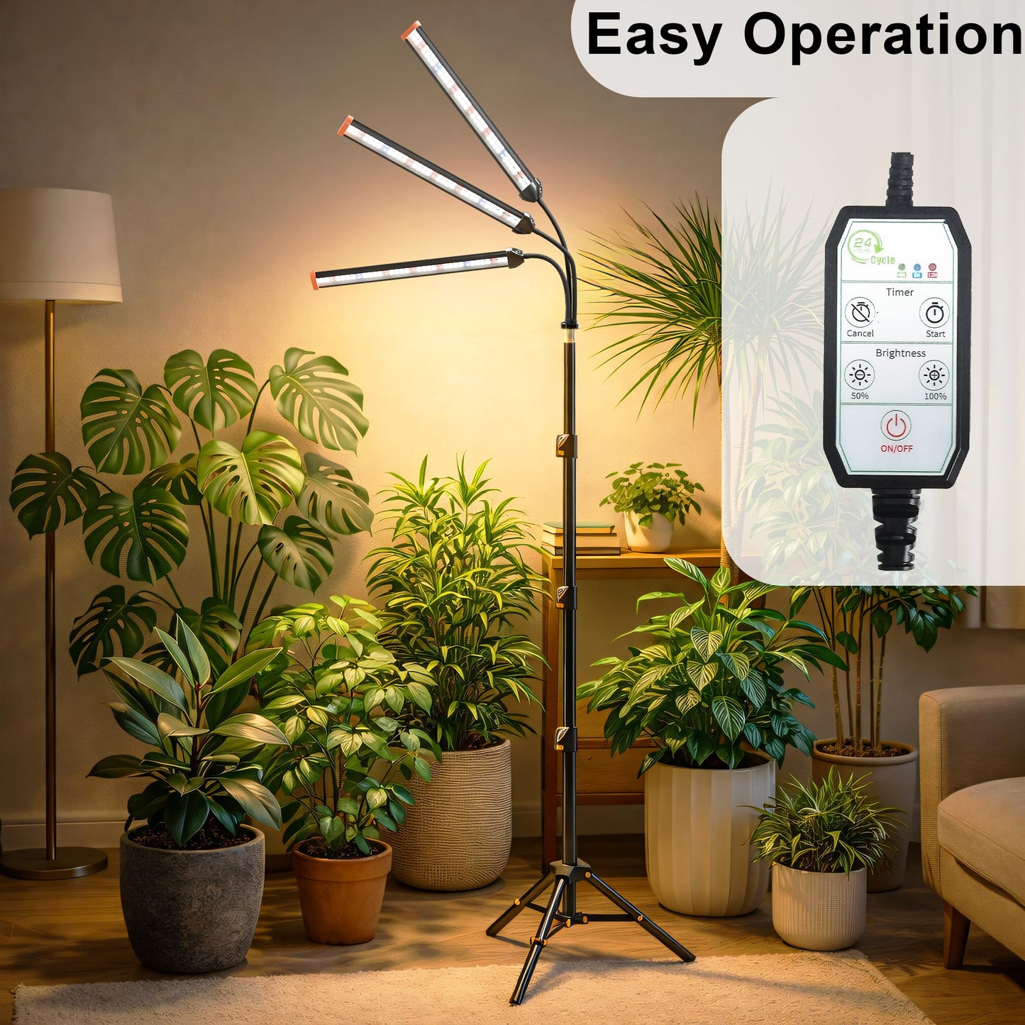 Quehoomii Grow Light with Stand for Indoor Plants,3500K Warm White Plant Light with Red Blue LEDs for Indoor Tall Large Plants Growing,Dimmable & Auto Timer,Height Adjustable 17-61"