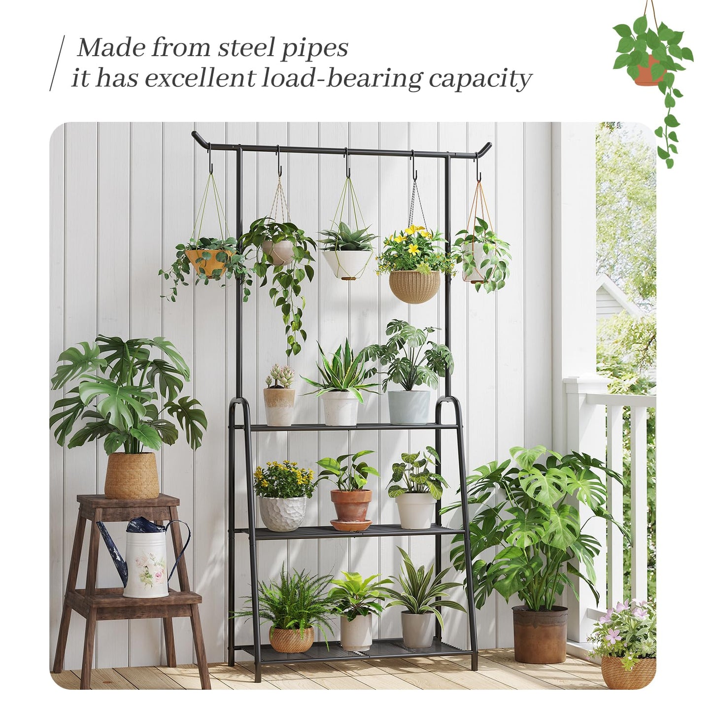Kitsanery Plant Stand Indoor Outdoor,Metal Plant Stands for Multiple Plants,3 Tier Tall Hanging Plant Shelf,Large Heavy Duty Flower Holder Ladder Plant for Living Room, Patio, Balcony (Black)
