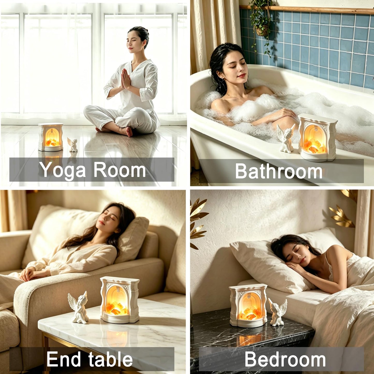 Angel Aroma Diffuser Set with Himalayan Salt & Fireplace Light, Passive Essential Oil Diffuser with White Tea Oil, Home Fragrance Decor for Bedroom, Bathroom, Office, Gift for Women