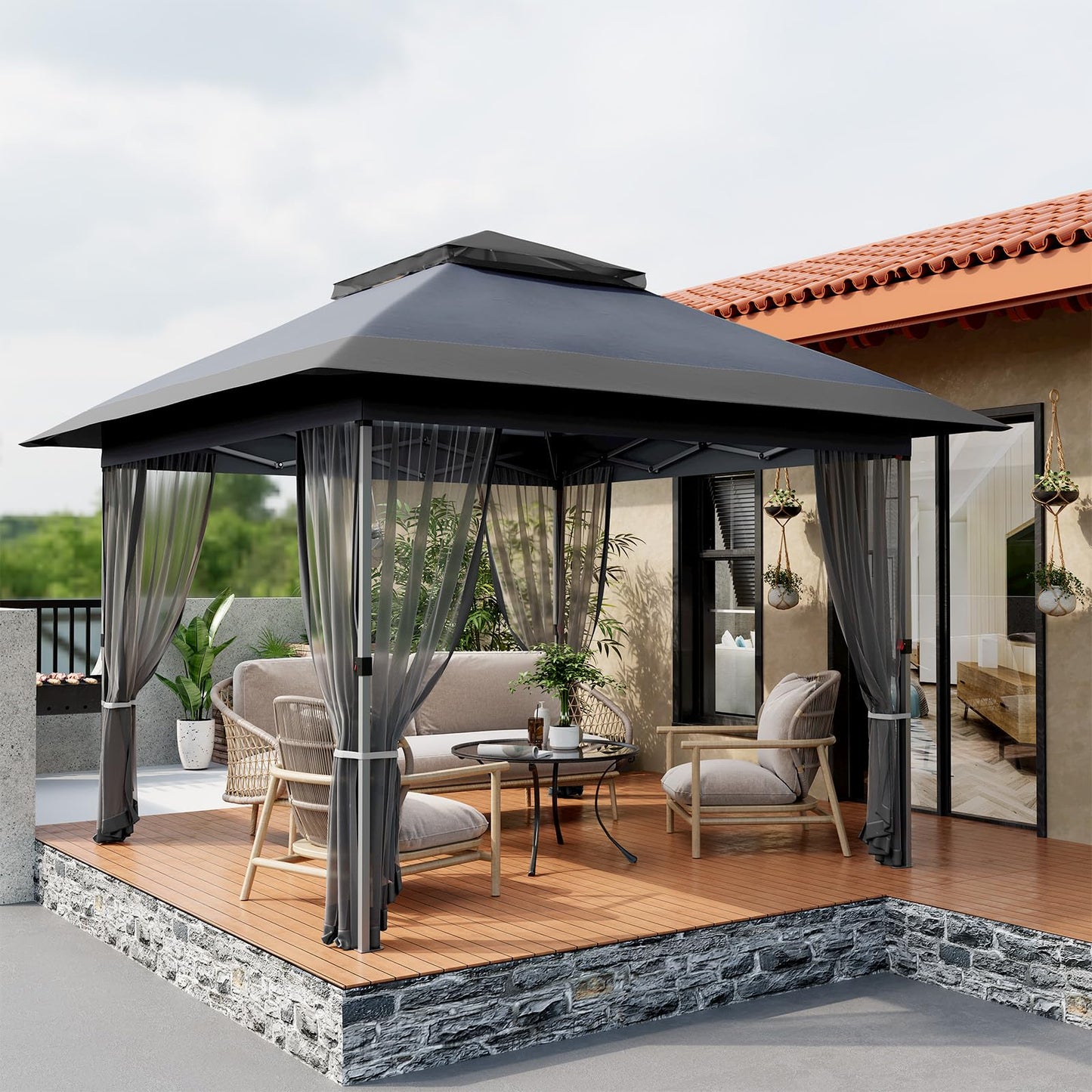 Garvee 12x12 Gazebo, Instant Outdoor Canopy Tent with Mosquito Netting, Screen Tent with 4 Ropes, 8 Stakes, 4 Sandbags and Wheeled Storage Bag, Shelter Canopy for Patio Garden Backyard, Gray