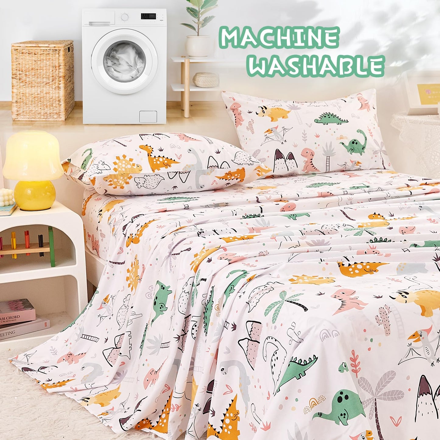 Yibeizi Dinosaur Twin Sheets Set for Boys, Kids Cute Bedsheets Dino Microfiber Deep Pocket Bed Sheet & Pillowcase Sets 3 Pieces