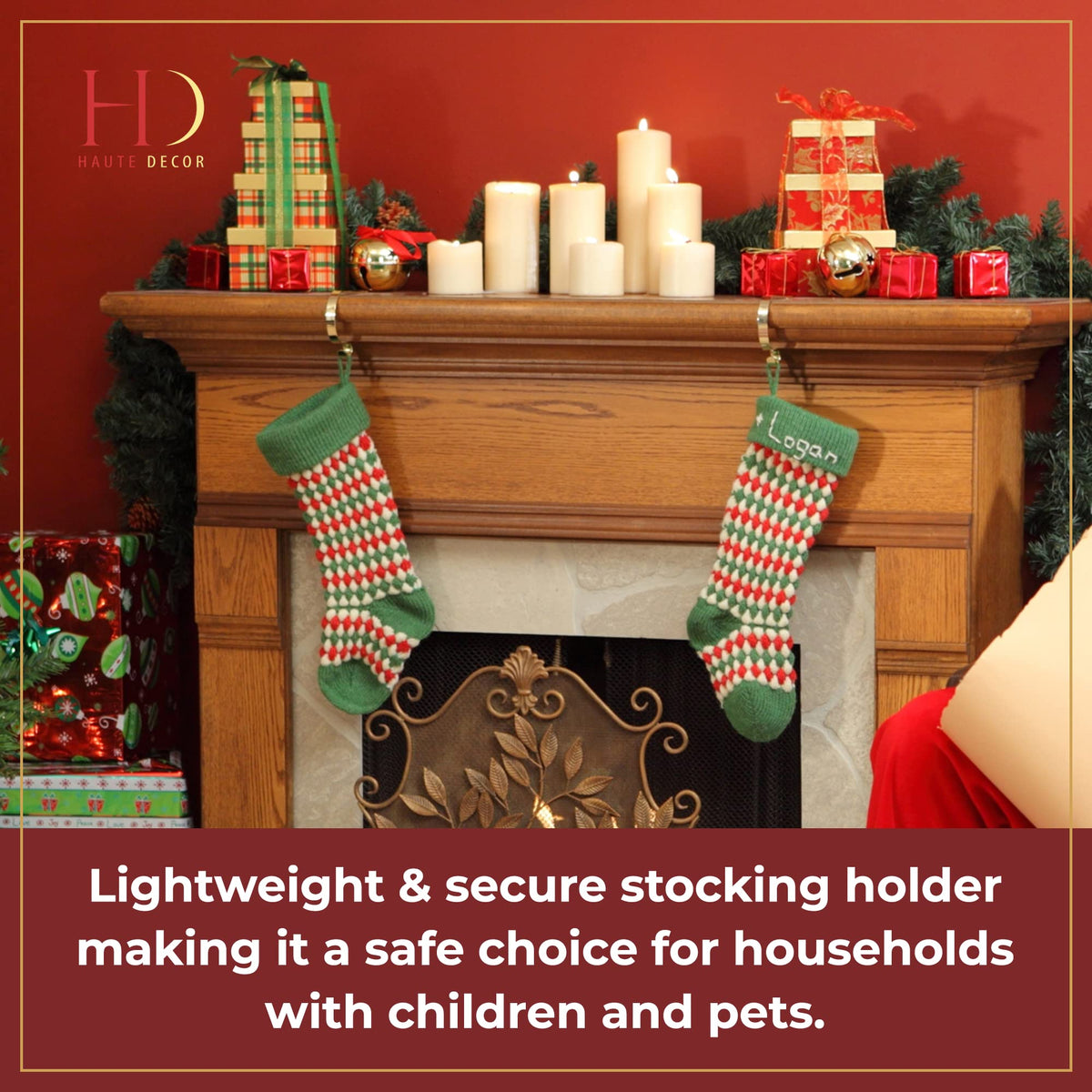 Haute Decor The Original MantleClip® Stocking Holder 4 Pack - Hang Christmas Stockings Safely and Securely from Mantels Up to 3 Inches Thick
