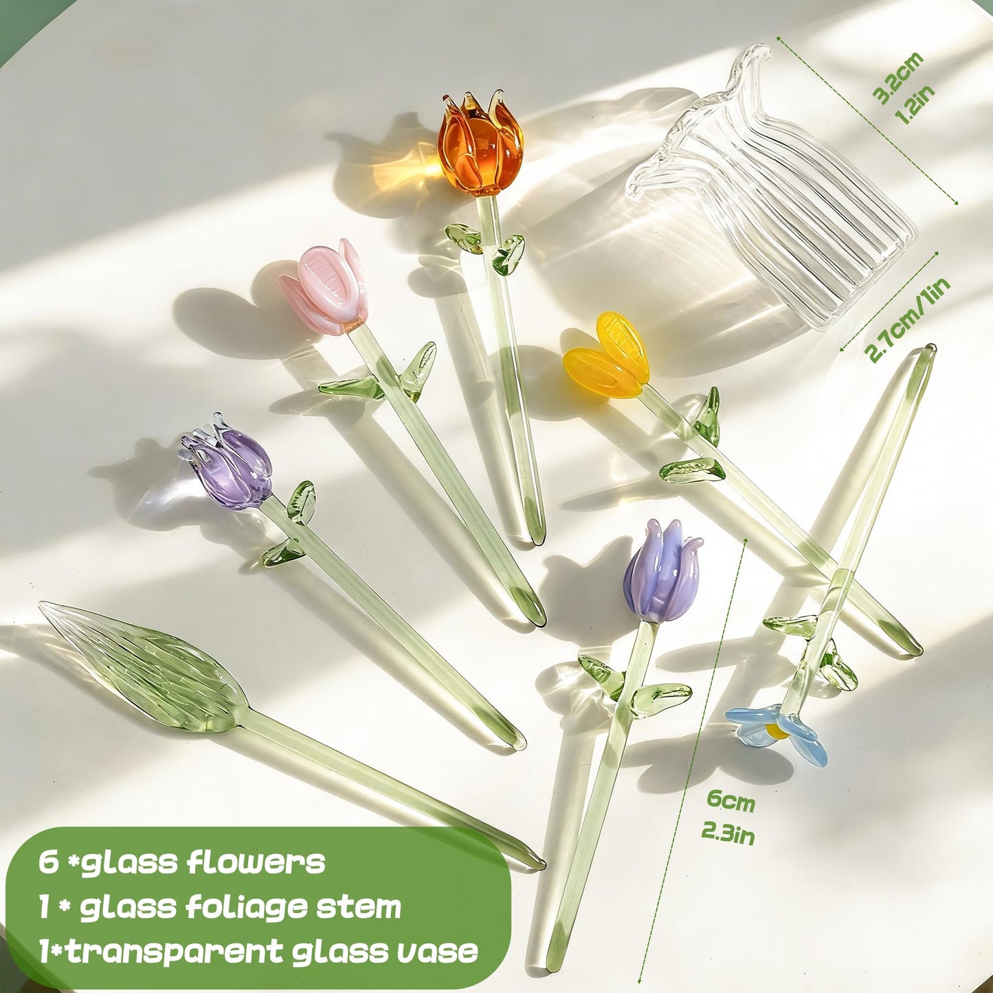 H&D HYALINE & DORA 7 Pcs Mini Glass Flower Hand Blown Glass Artificial Flowers with Clear Vase Crystal Wildflower Collectible Ornament for Women Mom Wedding Home Table Centerpiece(Style 1)