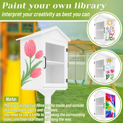 Wonderjune Little Library Box Outdoor with Floor Plugs & Flower Fence, Durable Weatherproof Solid Wood Book Exchange Box for Community, Literature, School Sharing Book(White,Steepletop)
