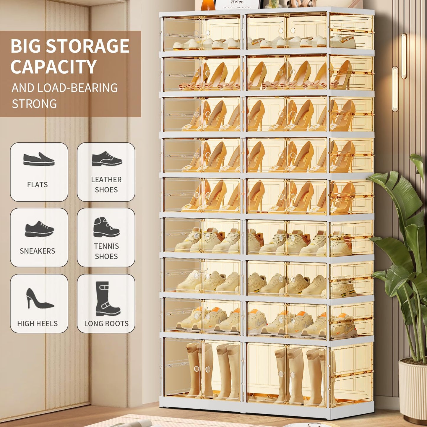 CIMLORD 9 Tier Foldable Shoe Rack for Closet Entryway 18-36 Pairs Stackable Clear Shoe Storage Boxes with Lids Large Shoes Shelf with Door Tall Plastic Organizer Cabinet Easy Assembly
