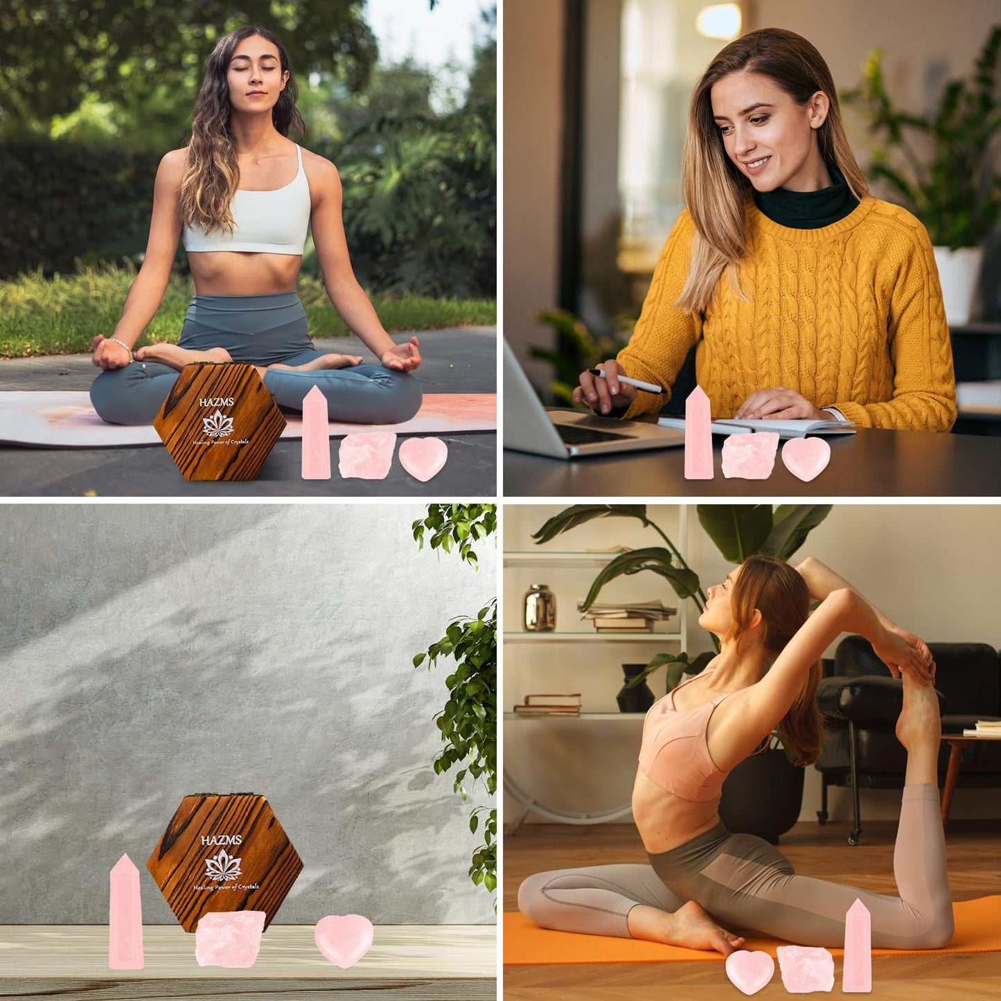 Hazms Rose Quartz Crystals with Wooden Gift Box, Crystals and Healing Stones Set with Rose Quartz Tower, Heart Stone, Raw Crystals for Love, Meditation, Chakra, Reiki, Home Decor- Gift for Women