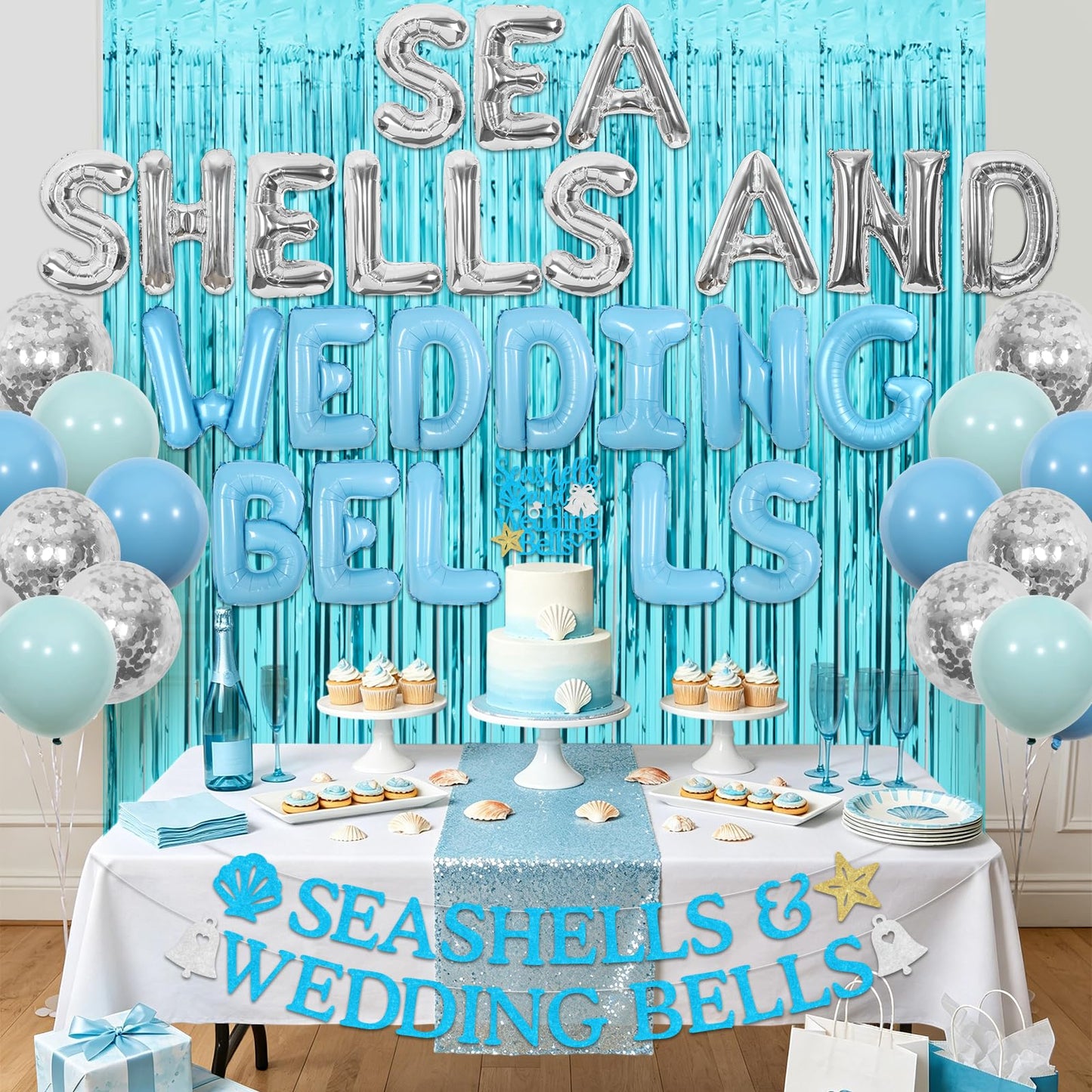 Fangleland Seashells and Wedding Bells Bachelorette Decorations, Blue Beach Theme Banner Garland Cake Topper Sash Fringe Curtain Balloons, Coastal Bridal Shower Engagement Party Supplies