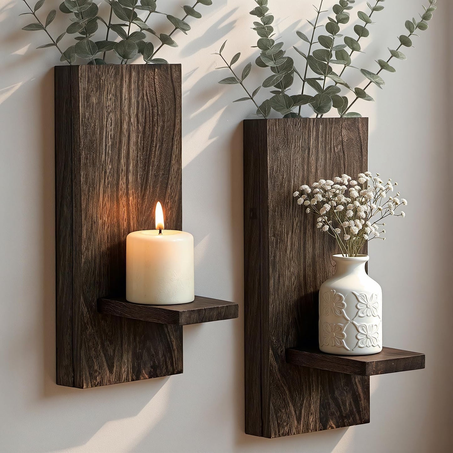 Treory Wood Wall Planter Set of 2, Wooden Wall-Mounted Vase with Shelf for Plants & Candles, Farmhouse Hanging Wall Decor for Living Room, Bedroom, Bathroom, Entryway, Narrow Spaces, 13.8" x 5"
