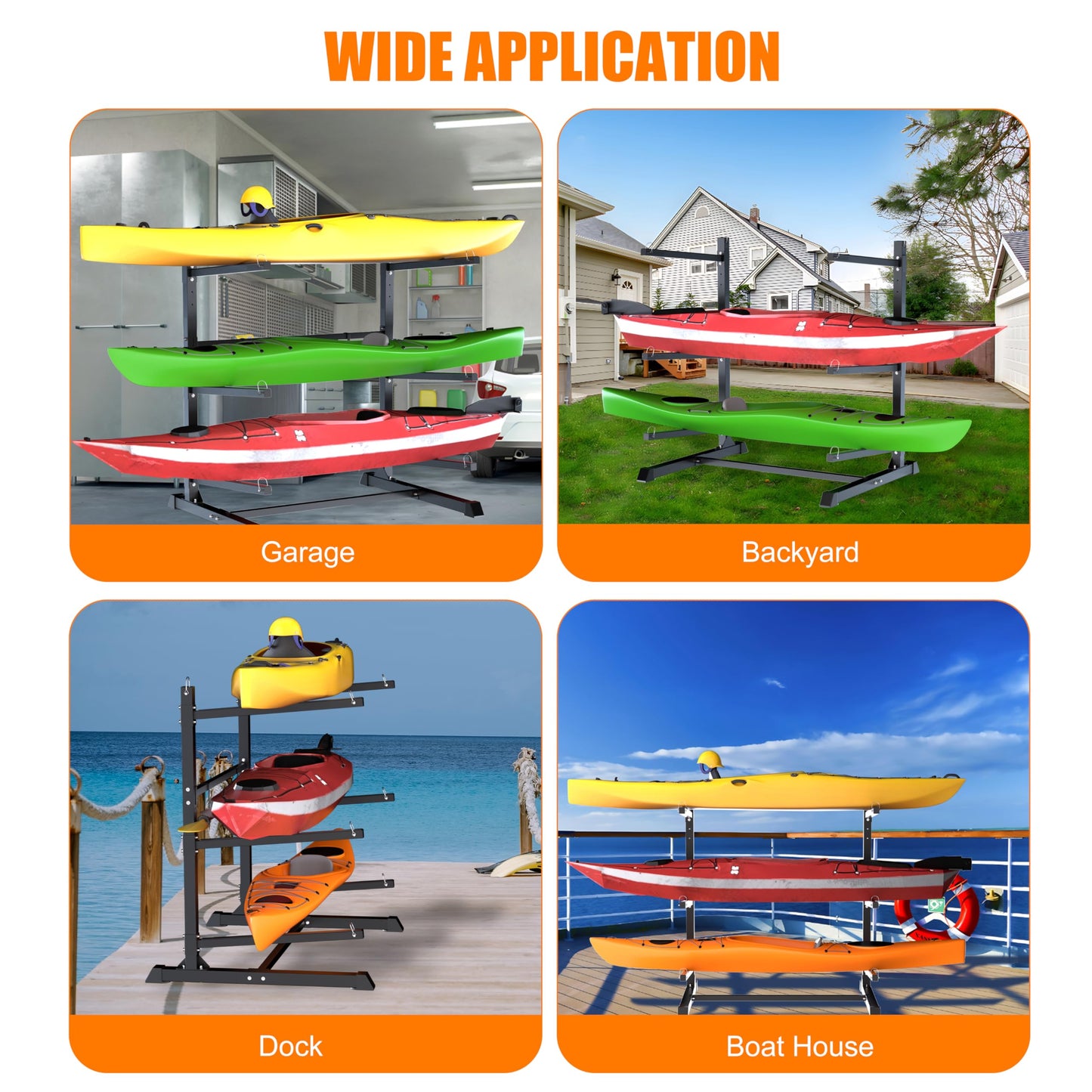 TRUSOON Outdoor Freestanding Kayak Rack, Heavy Duty Kayak Stand for 3 Kayaks, Canoe, Surfboard, Paddle Board Storage, Hold up to 600lbs, Black