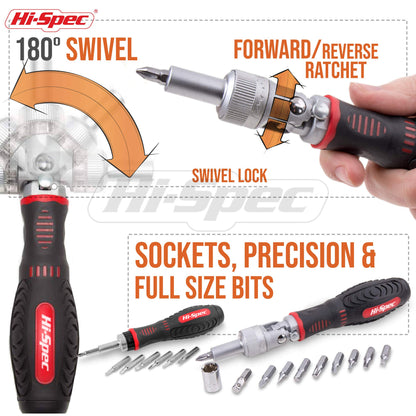 Hi-Spec 61pc 1/4” Hex Driver Bits & Socket Set with Right Angle Ratchet Handle. Easy Repairs with Torx & Small Precision Multi Bits. Screwdriver Bit Set in a Storage Case