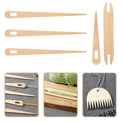 7 Piece Wood Hand Loom Stick Set - Include 5 Wooden Weaving Needles, Shuttles, Stick & Comb for Knitted Crafts DIY