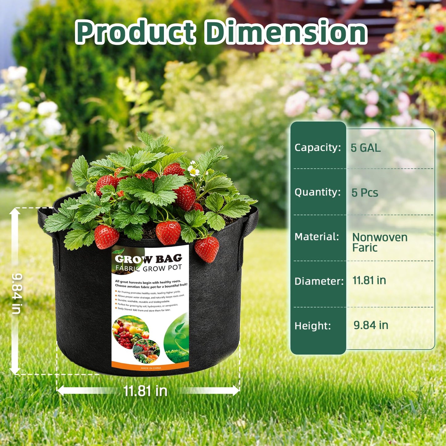 COKIELE 5 Pack 5 Gallon Grow Bags, Thickened Aeration Nonwoven Fabric Plant Pots with Handles, Heavy Duty 300G Garden Planting Bag for Tomato, Potato, Strawberry, Vegetable, Fruits and Flowers