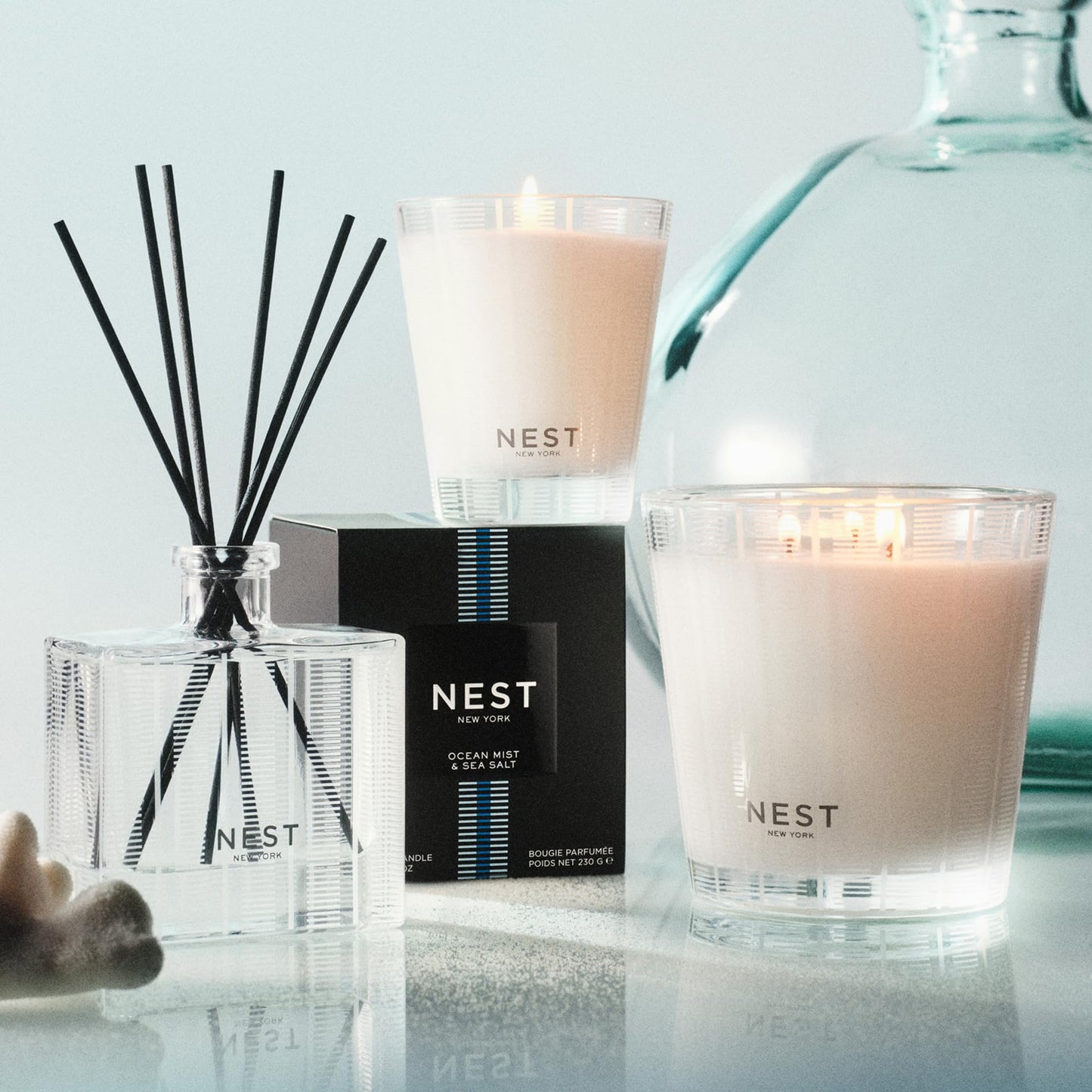 NEST New York Scented Classic Candle Duo, Ocean Mist & Sea Salt - 8.1 oz, Pack of 2 - Up to 60-Hour Burn Time Each - Reusable Glass Vessel