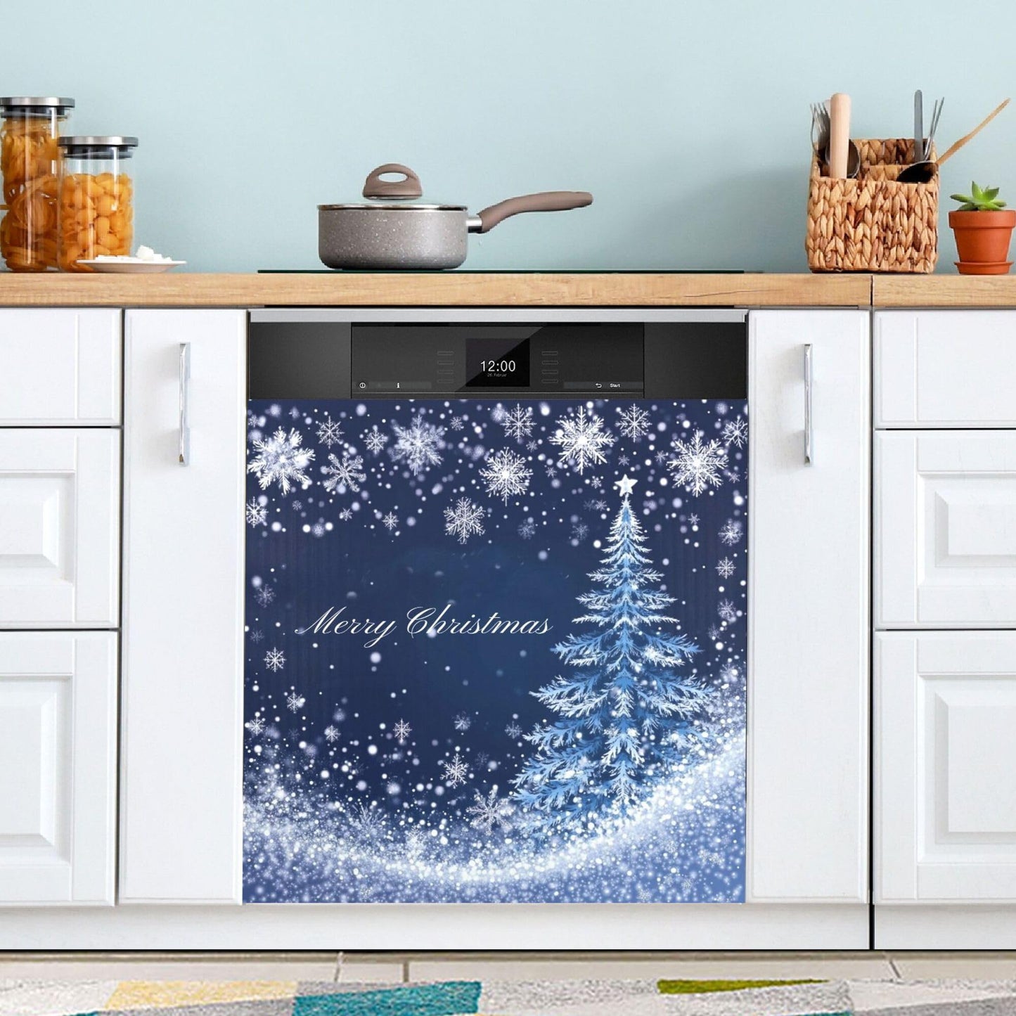 Merry Christmas Tree Blue Dishwasher Stickers Magnetic Cover Winter Snowflake Snow Xmas Kitchen Fridge Magnet Covers Decals Home Decorations Vinyl Sticker Reusable 23W x 26H inches