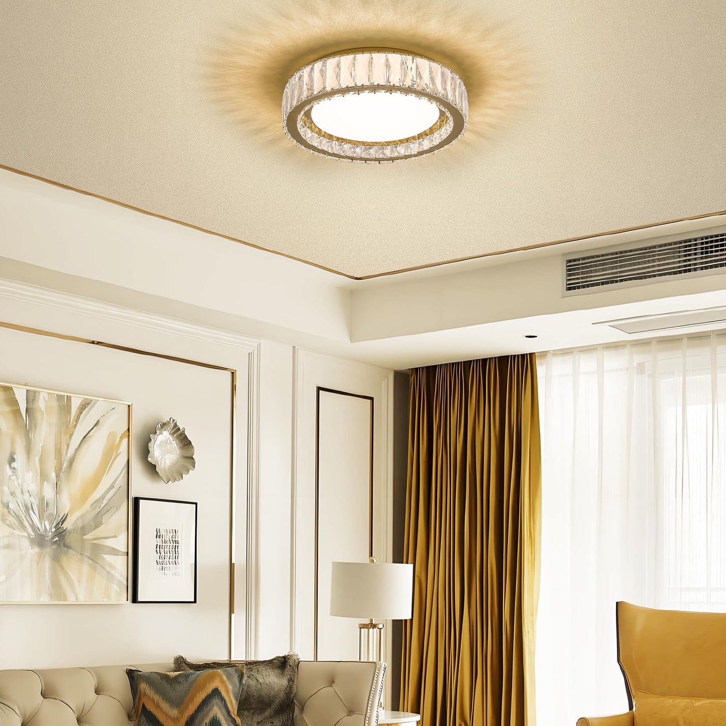 Suenigle Modern K9 Crystal Dimmable LED Flush Mount Ceiling Light,15 Inch 36W/5CCT 3000K-6000K,Luxury Gold Round Large Close to Ceiling Lighting Fixtures for Living Room,Kitchen,Bedroom,Dining Room