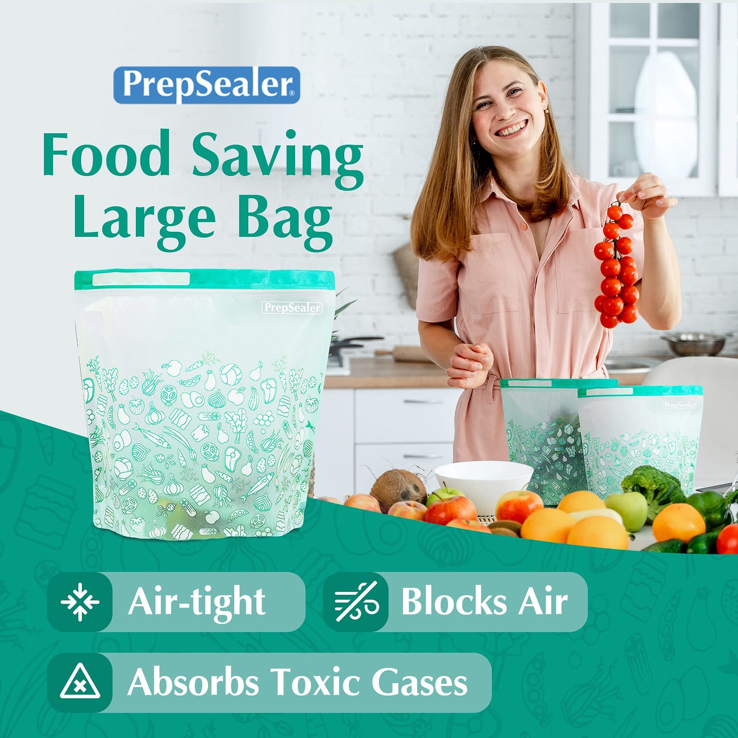 PrepSealer Reusable Food Storage Bags – Keep Fruits, Veggies & Meats Fresh Longer -10 Pieces (3 S, 3 M, 4 L)