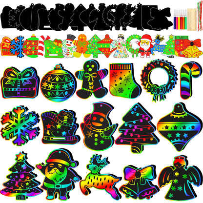 Natonhi 96pcs Christmas Crafts for Kids, Christmas Party Favors Magic Rainbow Scratch Paper Ornament with Wooden Drawing Sticks, Lanyards for Kid Holiday Party Gifts, Classroom Activities