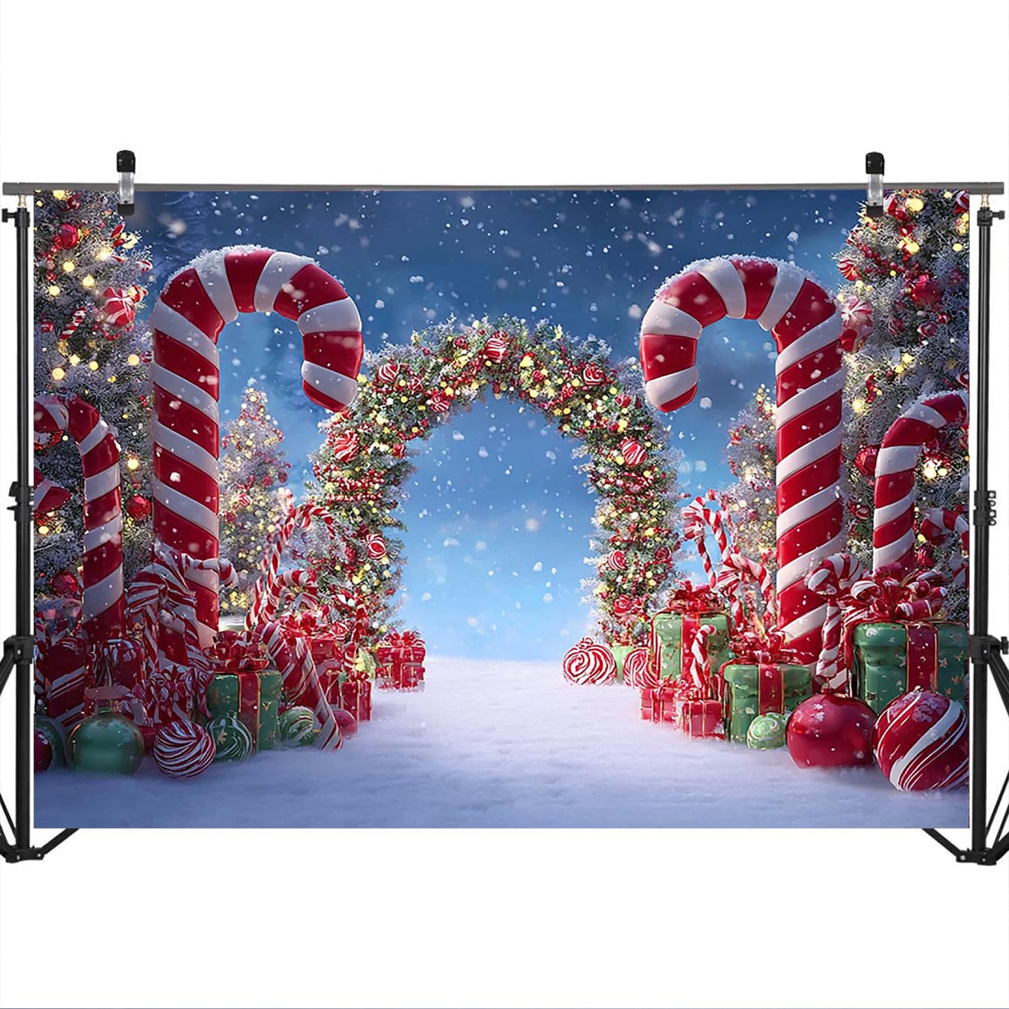 Mocsicka Christmas Candy Cane Photography Backdrop Winter Candyland Christmas Eve Party Decorations Background Christmas Tree Garland Photo Prop Supplies (10x8ft)