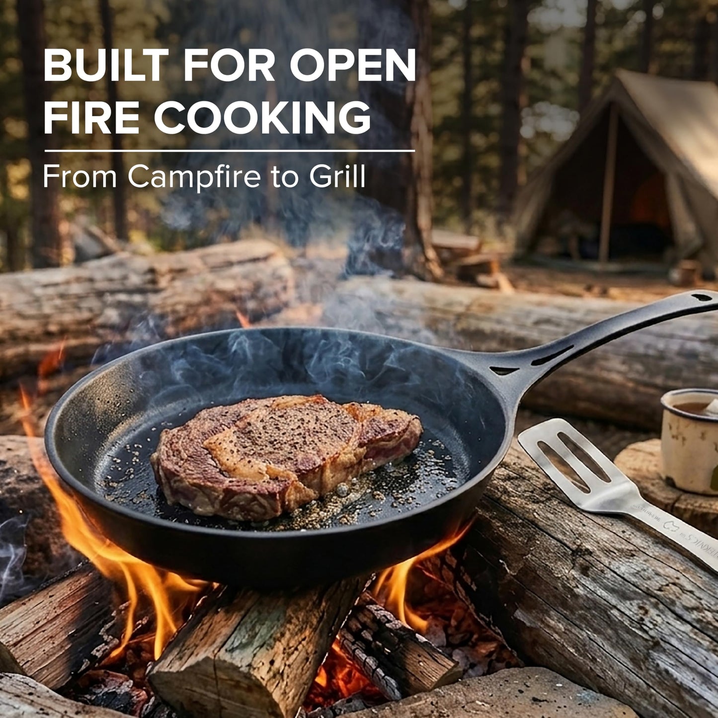 SOLIDTEKNICS 11" Outdoor Skillet Set – Naturally Seasoned Australian Iron Skillet with Stainless Steel Flipper & Mini Pan Scraper Camping Cookware for Grill, Smoker, Fire Pit & Campfire Cooking